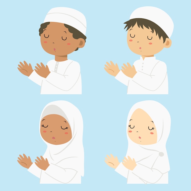 Half body Muslim kids praying, cartoon set.