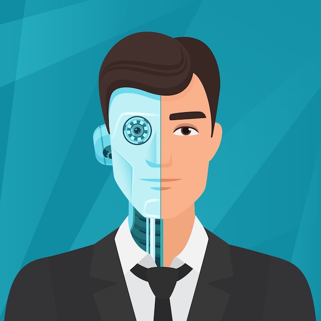 Vector half cyborg, half human man businessman portrait