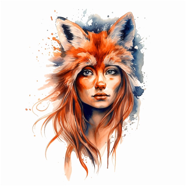 Half girl half fox watercolor paint