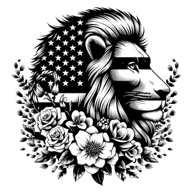 Half Lion With Flowers usa flag Silhouette Vector FilesLion with Flowers on Head