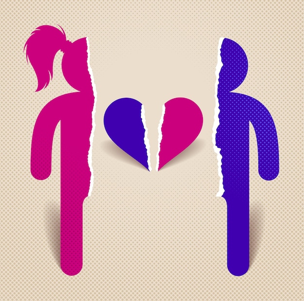 Half of man and half of woman icon lonely and missing his mate lover, divorce breakup and loneliness vector concept symbol, stylish illustration of broken relations.