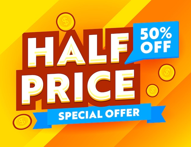 Half Price Special Offer Advertising Banner with Gold Coins on Yellow Background, Ad Card for Shopping Discount, Social Media Promo Ad, Store Off Poster, Flyer or Voucher. Vector Illustration