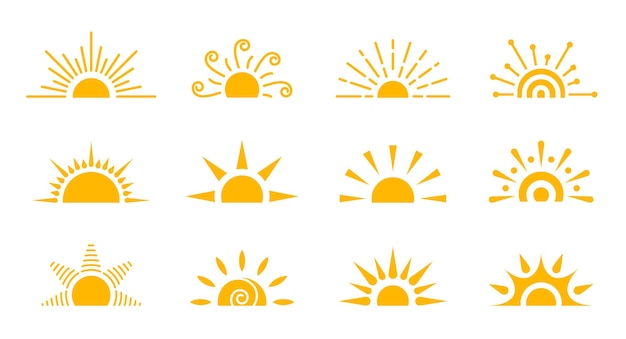 Half sun flat icon set Logo sunrise sunset isolated on white Various yellow sunshine star Cartoon summer sunlight nature sky Simple graphic solar circle sign Sunny heat rays weather app symbol