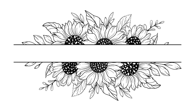 Half Sunflower FrameSunflower Frames Line Art Fine Line Sunflower Frames Hand Drawn Illustration