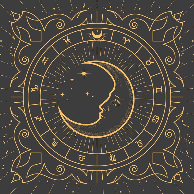 Vector halfmoon inside ornamental frame magic crescent in tarot style zodiac signs and esoteric patterns