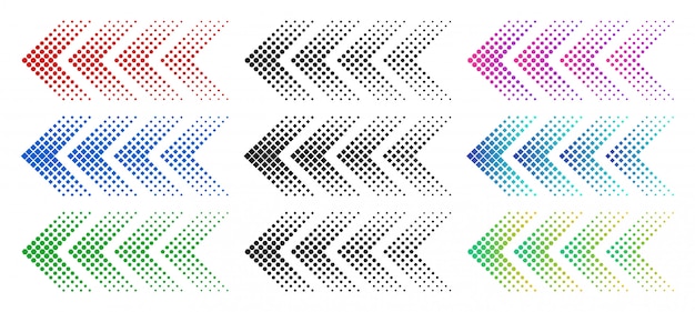 Halftone arrows. Color web arrow with dots. Colorful dotted moving forward and download symbols isolated  set