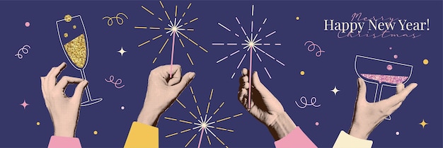 Vector halftone collage for new year celebration concept of party with champagne and sparklers paper hands