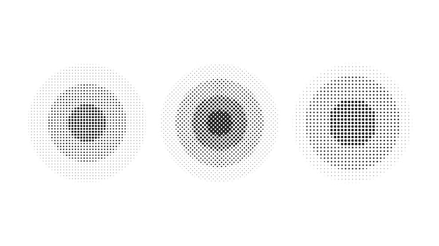 Halftone concentric circles set. Comic texture rings collection. Dotted round collection.