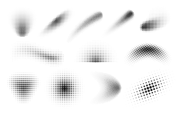 Halftone dots shapes Fade black dot design elements Trendy geometric ellipse circles and drips Elegant circular gradient exact effects vector kit