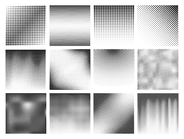 Halftone dots texture set Grainy explosion and halftones gradients templates Geometric pop art style decorations digital design exact vector elements