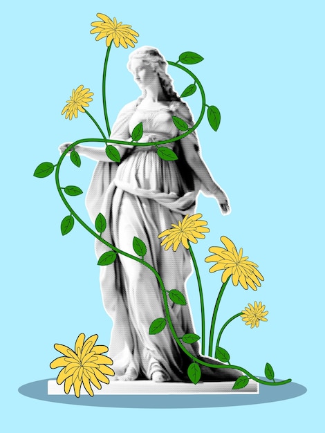 A halftone effect female statue covered in handdrawn dandelions Spring illustration in retro collage