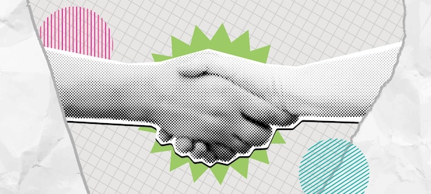 Vector halftone handshake collage win win deal mixed media shaking hands symbolizing agreement partnership and cooperation vector illustration