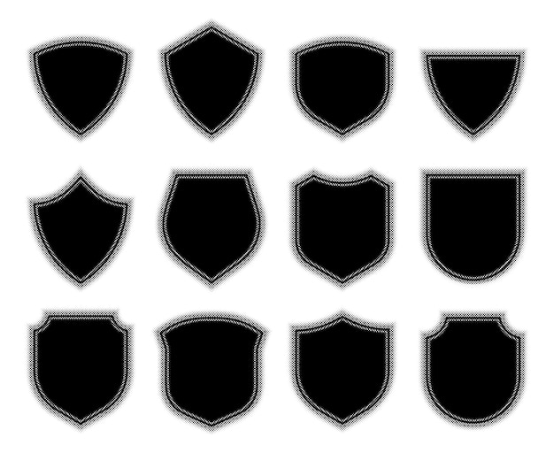 Halftone shield icon set dot pattern variation of protection defense symbol dot shadow guard sign