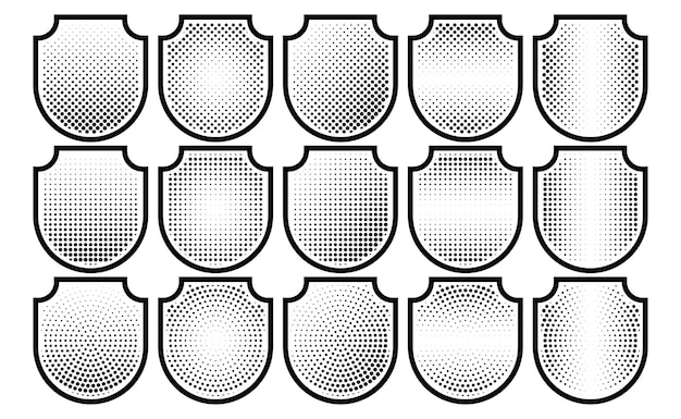 Halftone shield icon set safety badge dotted symbol protection defense armor halftone pattern