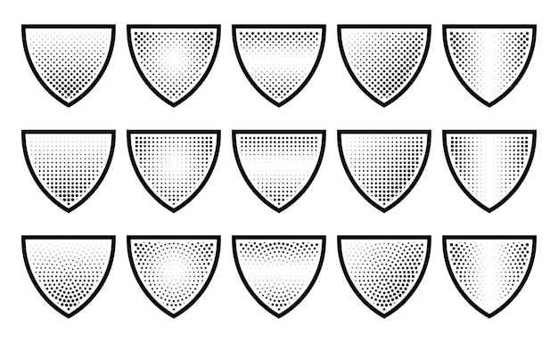 Halftone shield icon set safety badge dotted symbol protection defense armor halftone pattern