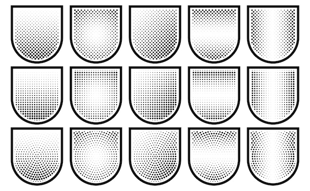 Halftone shield icon set safety badge dotted symbol protection defense armor halftone pattern