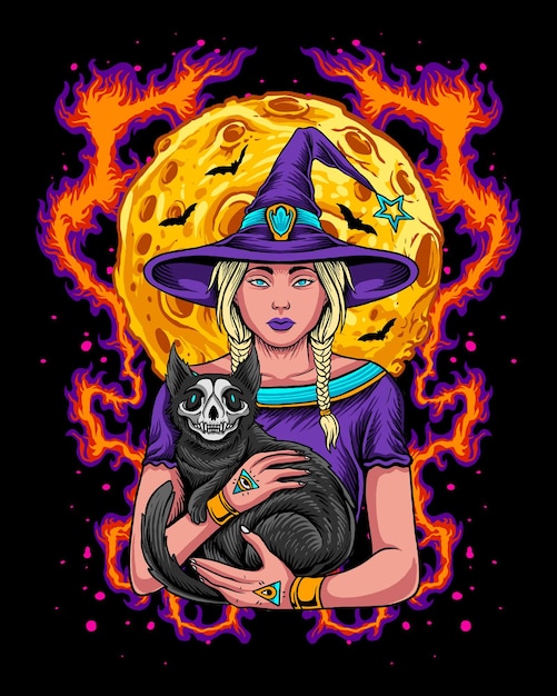 Hallooween witch holding black skull cat