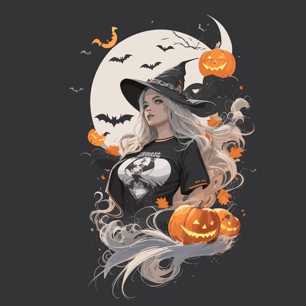 Vector hallowee tshirt with white haired witch design illustration 5