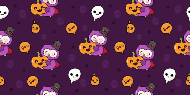 Halloweeen owl seamless pattern with pumpkin spooky background