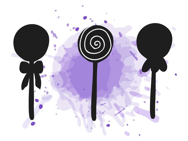 Halloween 2022 October 31 A traditional holiday Trick or treat Vector illustration in handdrawn doodle style Set of silhouettes of lollipops with a purple watercolor spot