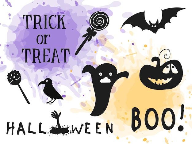 Halloween 2022 October 31 Trick or treat Vector handdrawn doodle style Lettering with silhouettes on a background of purple and orange watercolor spots