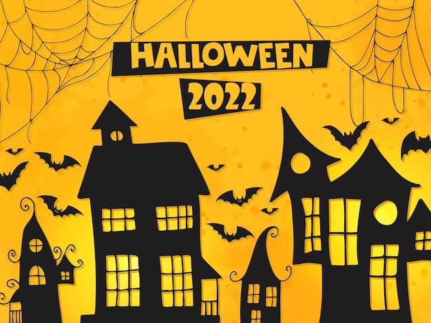 Halloween 2022 October 31 Trick or treat Vector handdrawn doodle style A postcard with houses bats cobwebs and lettering on an orange background with watercolor spots