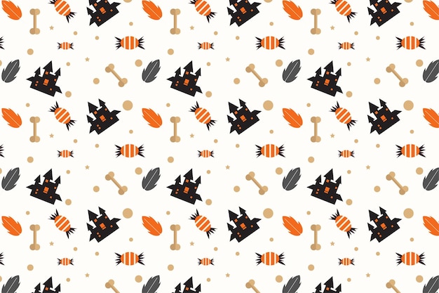 Halloween abstract pattern design with bones and haunted houses Halloween seamless pattern decoration on a white background Endless pattern vector for book covers wallpapers and bed sheets