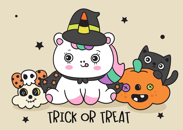 Vector halloween animal set with cute unicorn cartoon kawaii cat kitten drawing and spooky skull