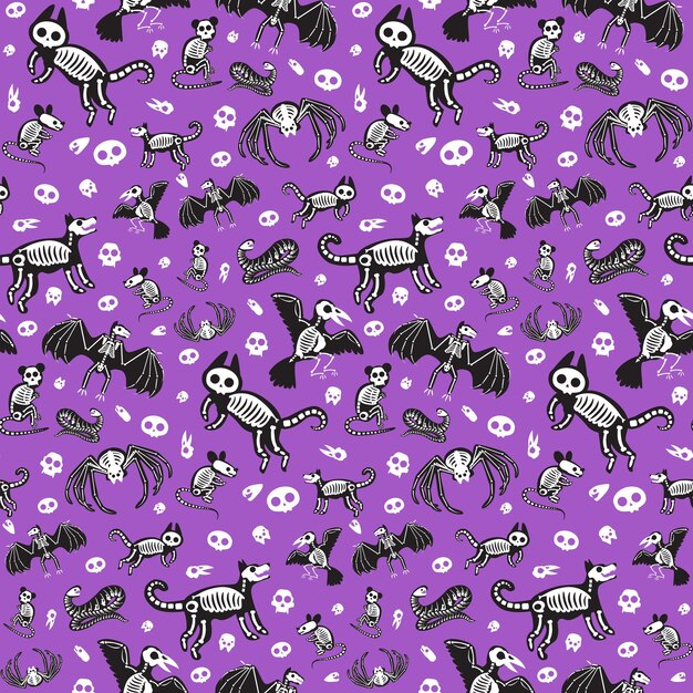 Vector halloween animal skeletons seamless pattern