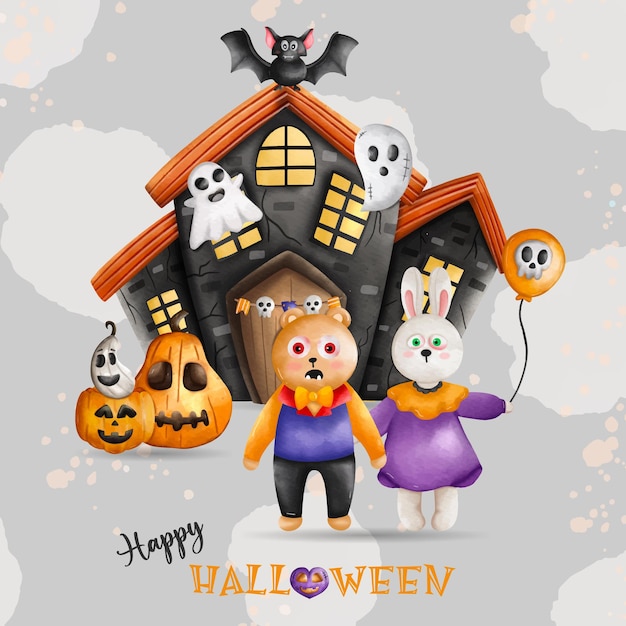 Halloween animals compositions and haunted house Bear witch and Bunny witch Halloween holidayxDxA