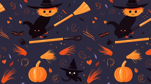 Vector halloween art with black cats and pumpkins on a dark blue background