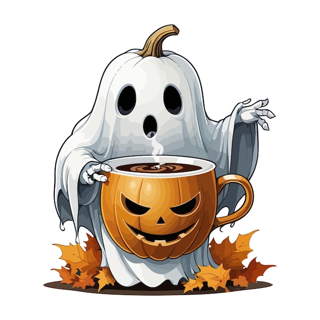 Halloween atmosphere A ghost drinking coffee clipart Vector illustration