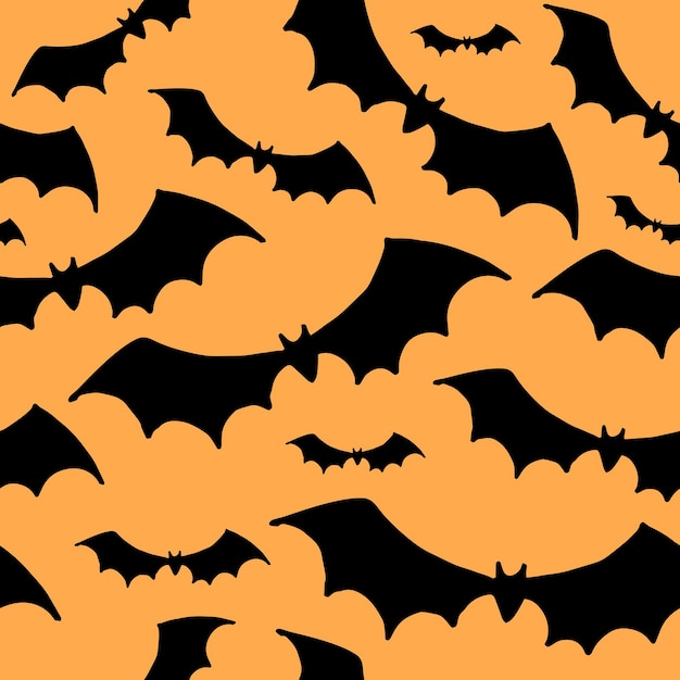 Halloween background. Black silhouettes of bats on orange background. Seamless vector pattern.