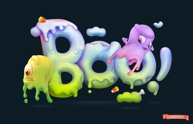 Halloween background. Boo lettering with slime ghosts. 3d vector cartoon illustration