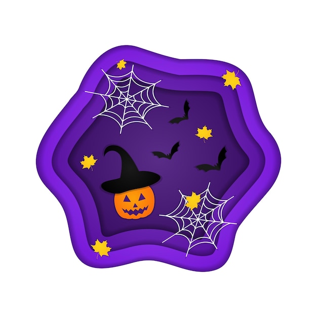 Halloween background in cut paper style with leaves and pumpkin