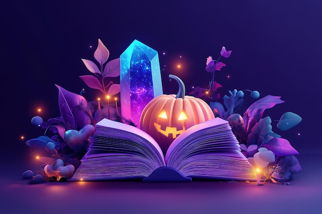 Vector halloween background in dark night with pumpkin and open book for product banner for promotion sales