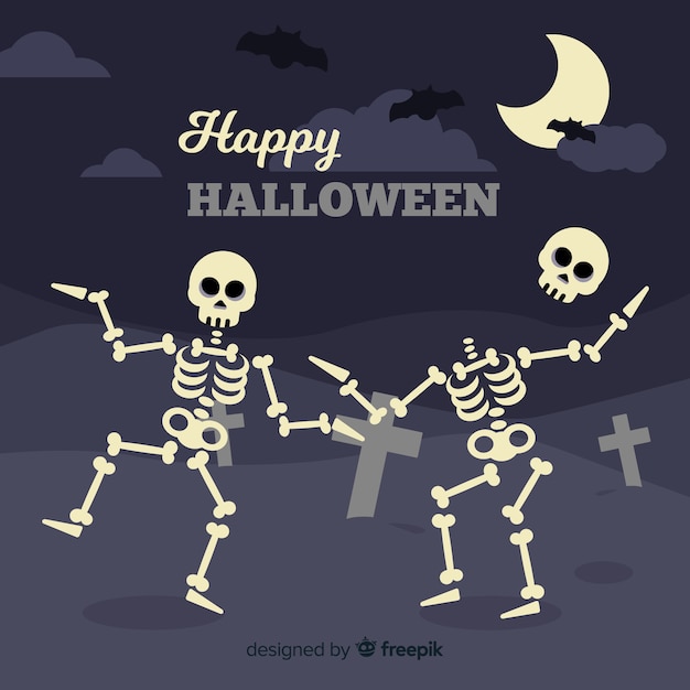 Halloween background in flat design with dancing skeletons