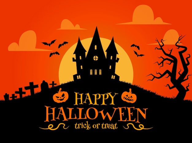 Halloween background in flat design with a haunted house