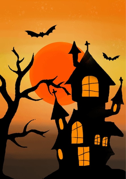 halloween background halloween card with pumpkin haunted house and full moon invitation template