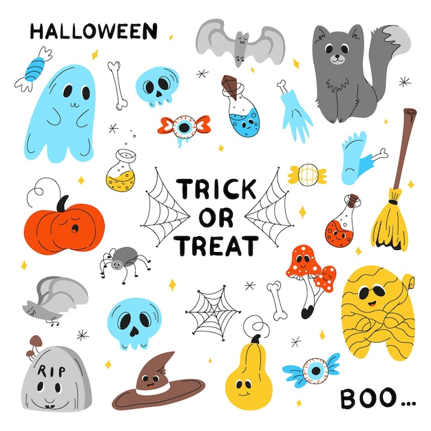 Halloween background Halloween theme Halloween doodles set of Halloween elements ghost mummy