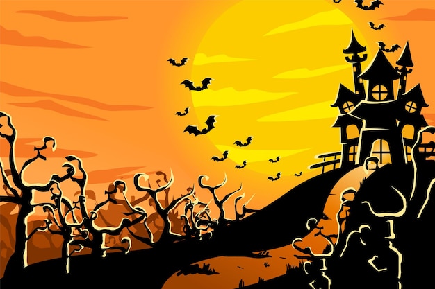 Halloween background illustration with castle and bat