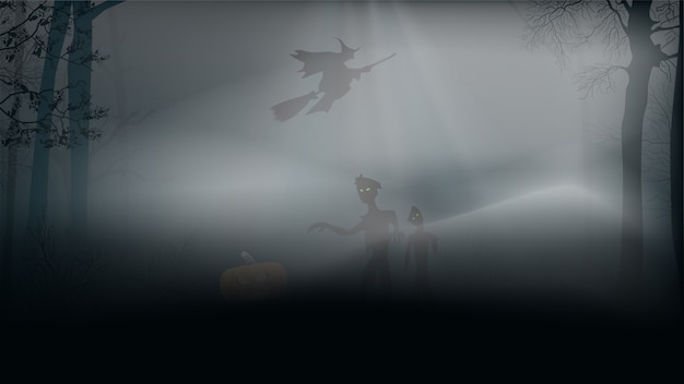 Vector halloween background, misty forest with zombies, pumpkin and witch on a broom