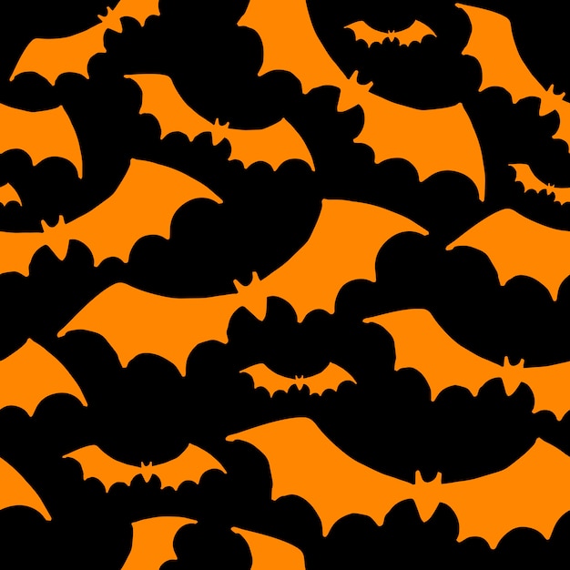 Halloween background. Orange silhouettes of bats on black background. Seamless vector pattern.