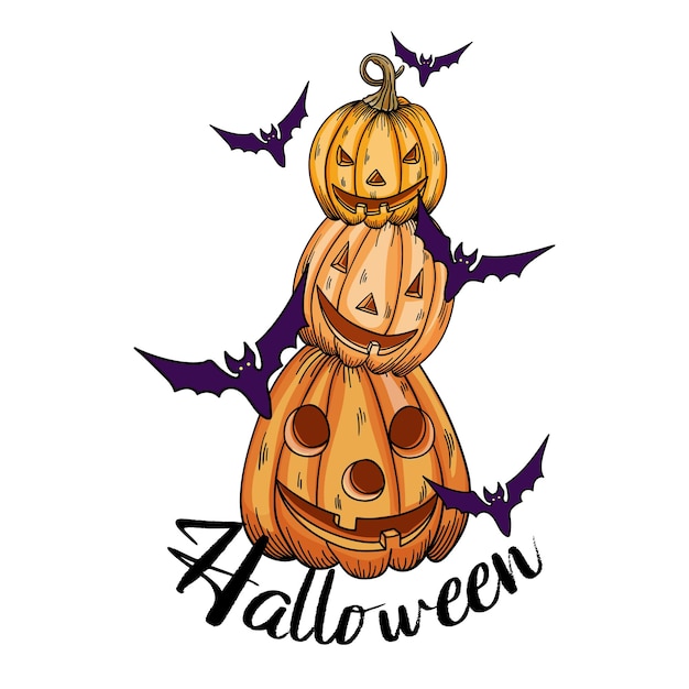 Halloween background pumpkin and bats Greeting card for party and sale Autumn holidays Hand drawn lettering Halloween