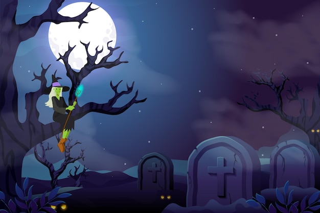 Halloween background template with night landscape and full moon with a scary witch