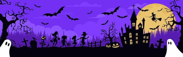 Vector halloween background with castle graveyard and bats