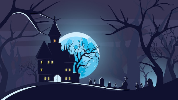 Halloween background with castle under the moonlight.