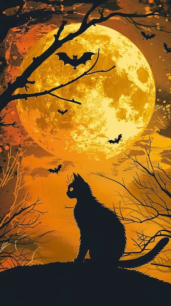 Vector halloween background with a cat and a full moon halloween elements happy halloween