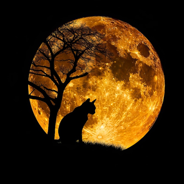 Vector halloween background with a cat and a full moon halloween elements happy halloween