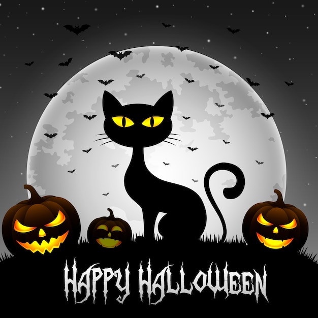 Halloween background with cat and pumpkins